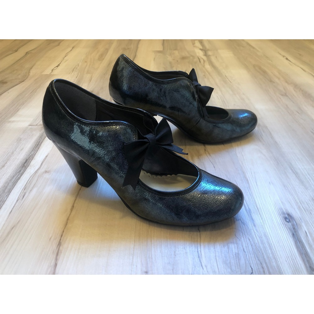 Naturalizer Elinor Metallic Pewter Mary Jane Bow Pumps Block Heel Womens 8.5M